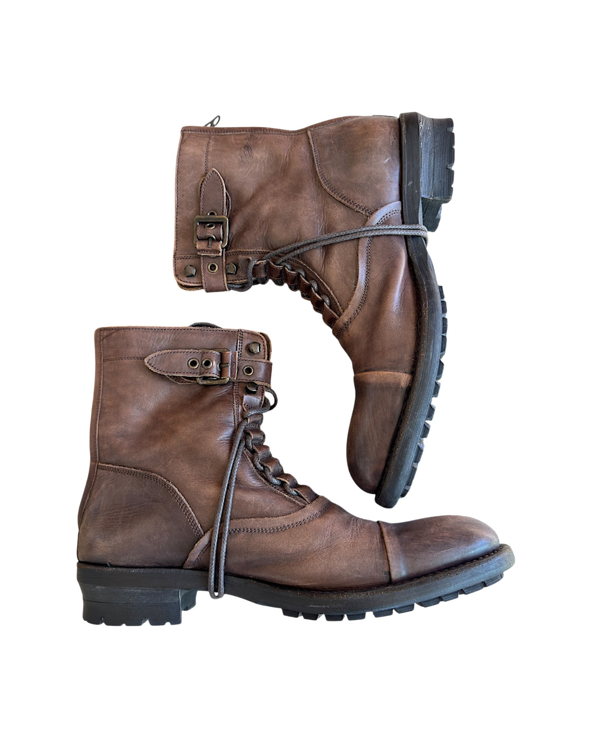 Alfredo Bannister Lace Up Strap Buckle Brown Aged Leather Combat Boots