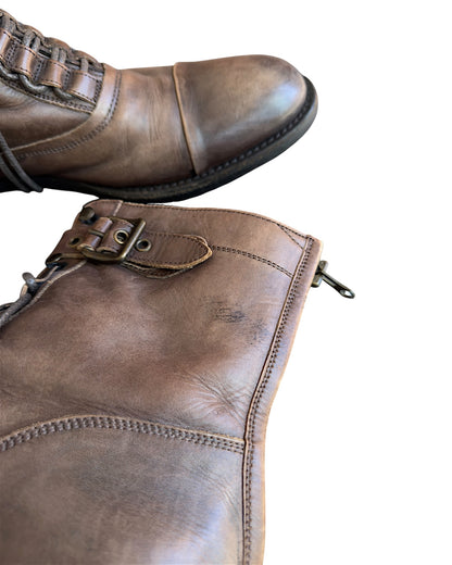 Alfredo Bannister Lace Up Strap Buckle Brown Aged Leather Combat Boots