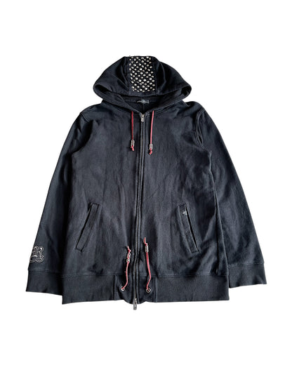 Rat Roen Studded Hood Pierced Leather Strings Zip Sweatshirt