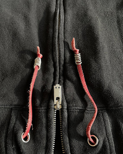 Rat Roen Studded Hood Pierced Leather Strings Zip Sweatshirt