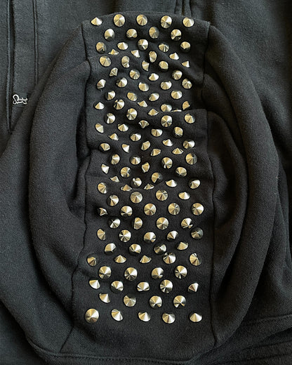 Rat Roen Studded Hood Pierced Leather Strings Zip Sweatshirt