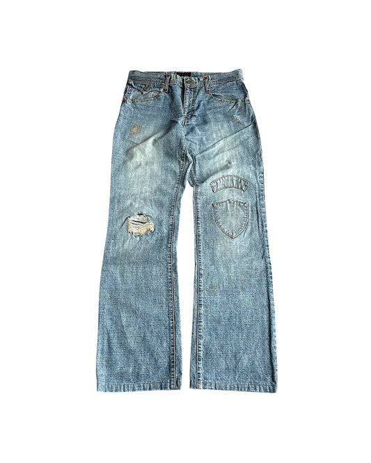 Morgan Homme Shield Crest Patch Distressed Denim Jeans