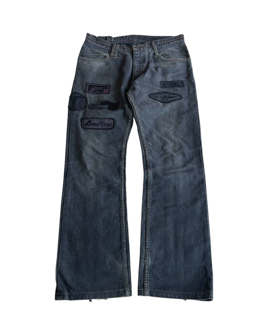 Roarguns 2000s Over-Dyed Racing Love Rock Patches Striped Denim Jeans