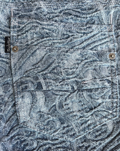 Tornado Mart Embossed Floral Tapestry Flare Denim Jeans