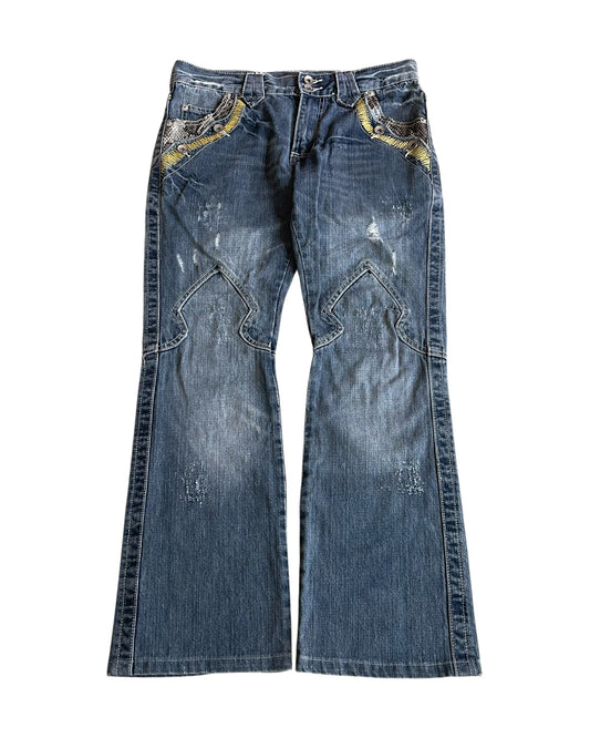 Semantic Design Python Double Pocket Sword Knee Flare Denim Jeans