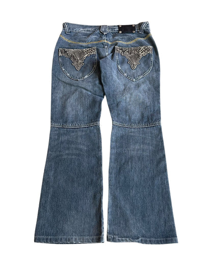Semantic Design Python Double Pocket Sword Knee Flare Denim Jeans
