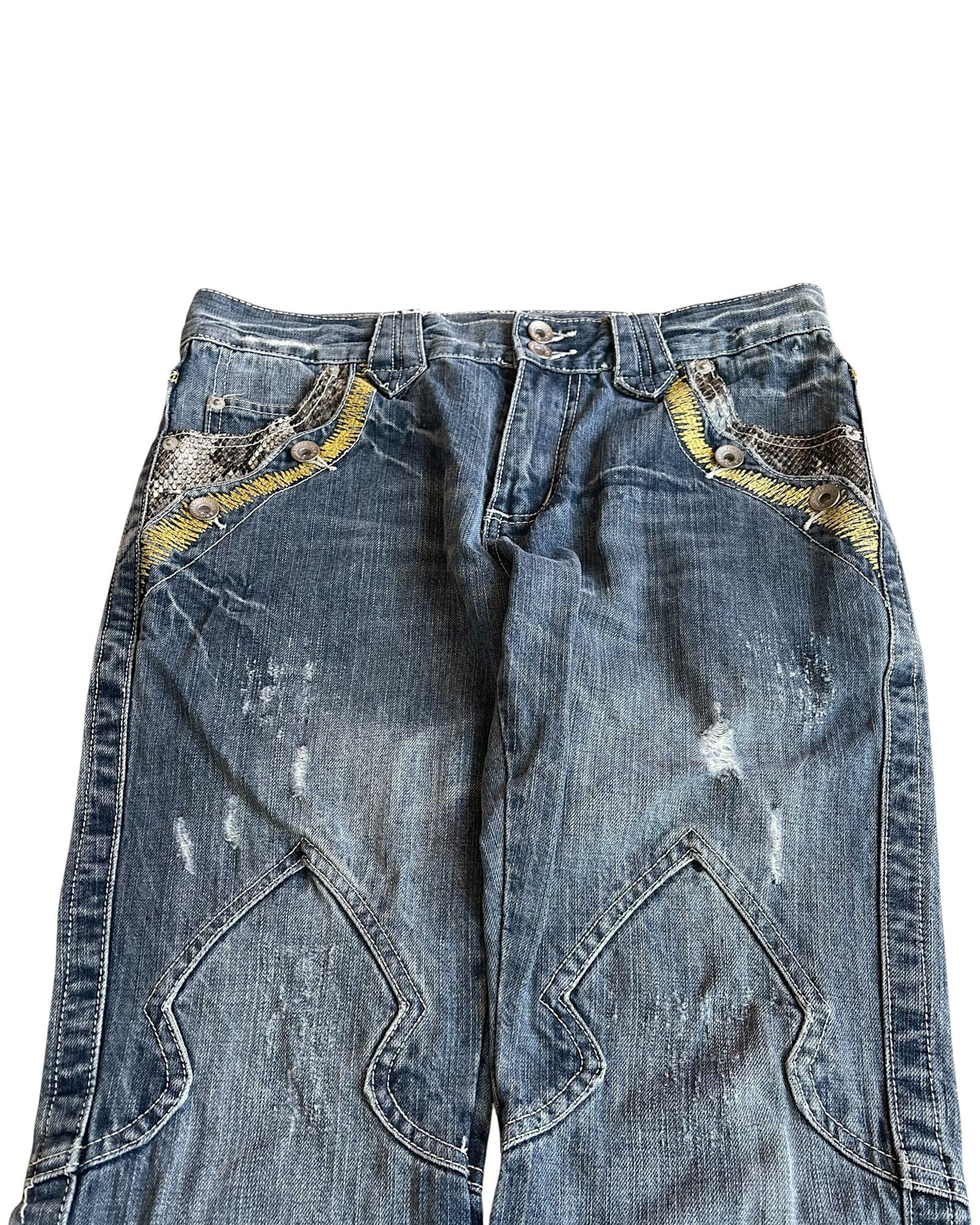 Semantic Design Python Double Pocket Sword Knee Flare Denim Jeans