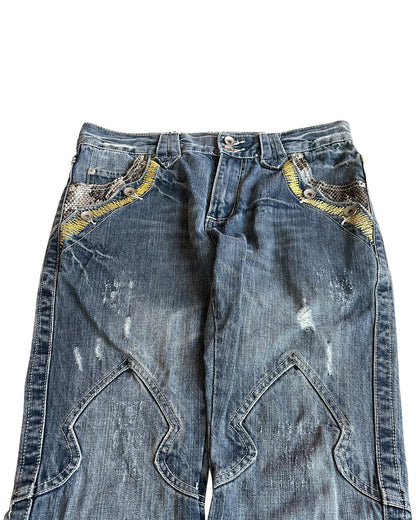 Semantic Design Python Double Pocket Sword Knee Flare Denim Jeans