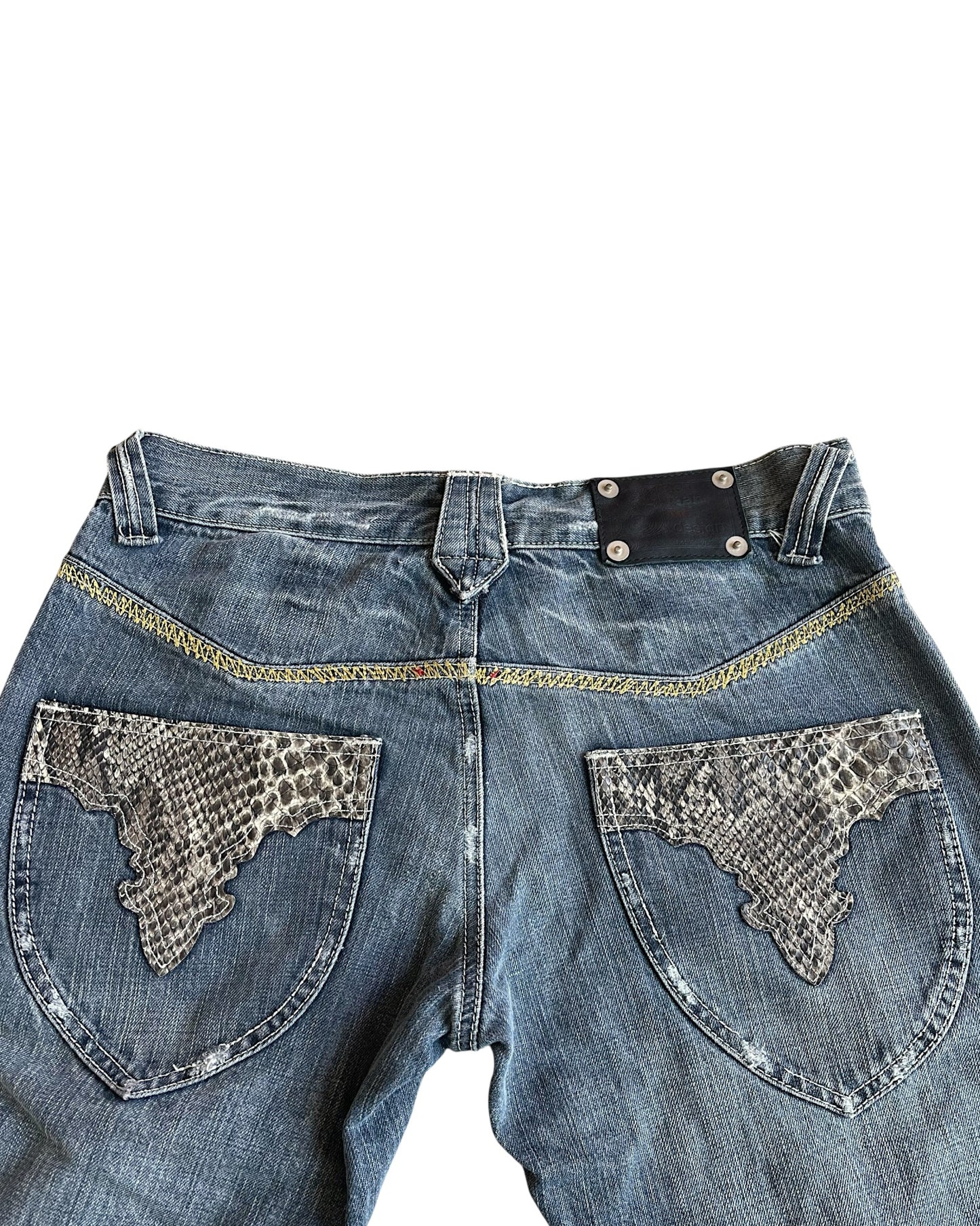 Semantic Design Python Double Pocket Sword Knee Flare Denim Jeans