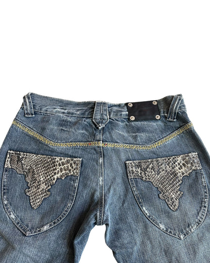 Semantic Design Python Double Pocket Sword Knee Flare Denim Jeans