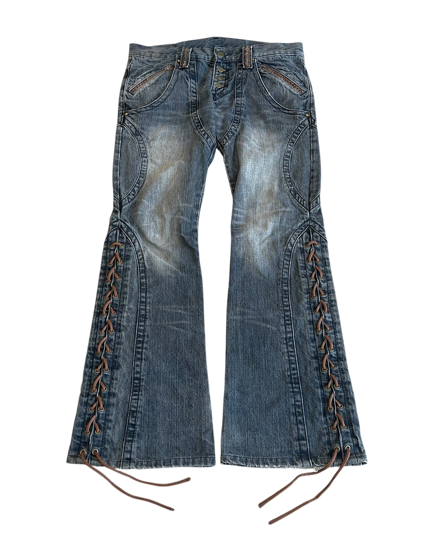 Tornado Mart Snakeskin Trim Side Lace-Up Panel Flare Denim Jeans