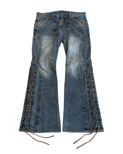Tornado Mart Snakeskin Trim Side Lace-Up Panel Flare Denim Jeans