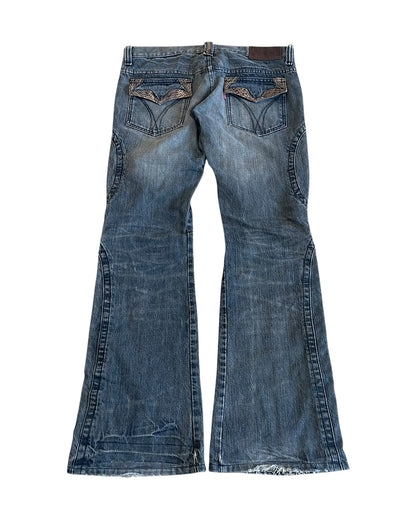 Tornado Mart Snakeskin Trim Side Lace-Up Panel Flare Denim Jeans