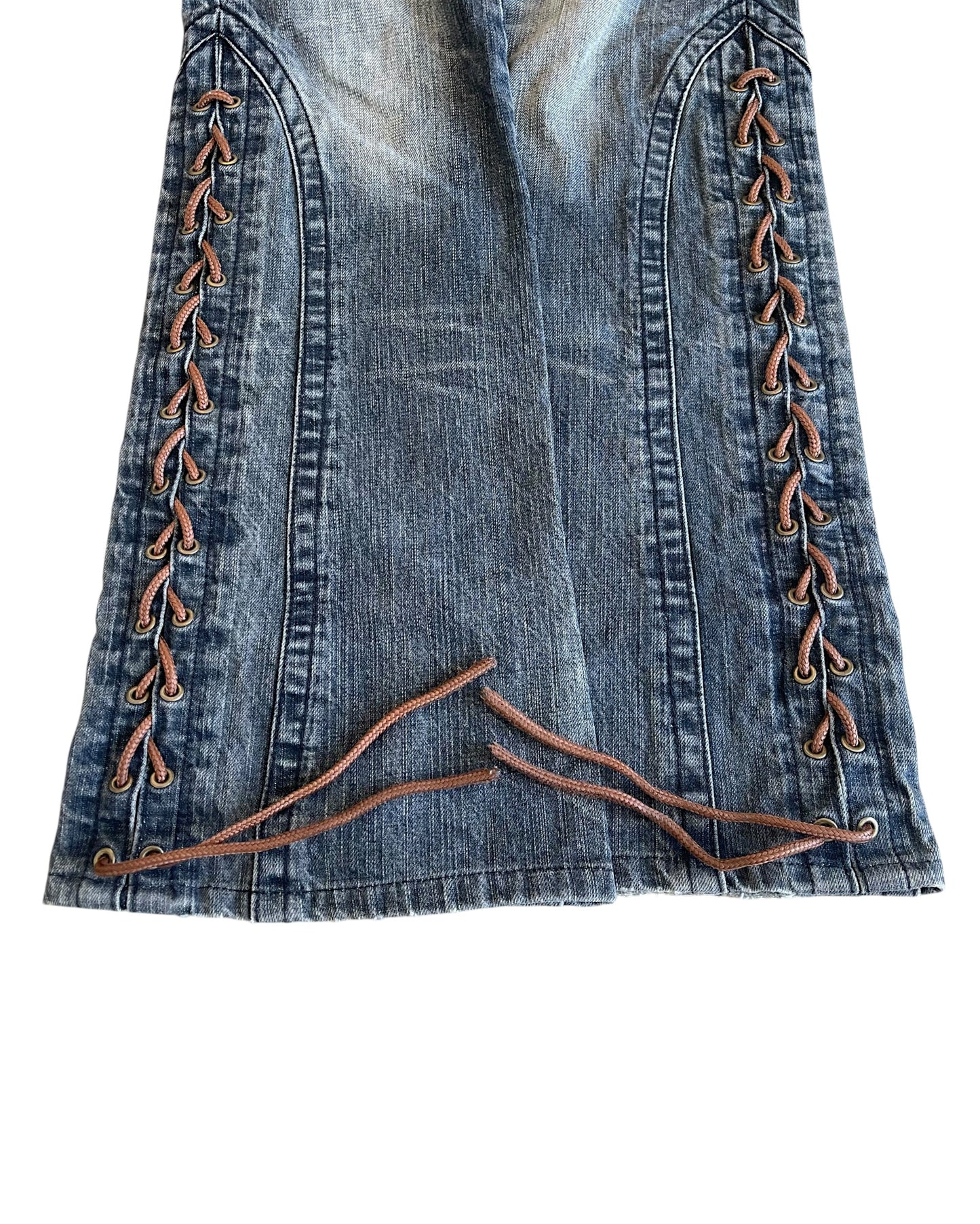 Tornado Mart Snakeskin Trim Side Lace-Up Panel Flare Denim Jeans