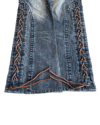 Tornado Mart Snakeskin Trim Side Lace-Up Panel Flare Denim Jeans
