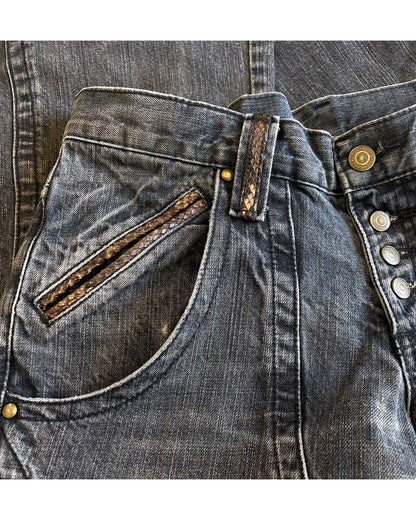 Tornado Mart Snakeskin Trim Side Lace-Up Panel Flare Denim Jeans