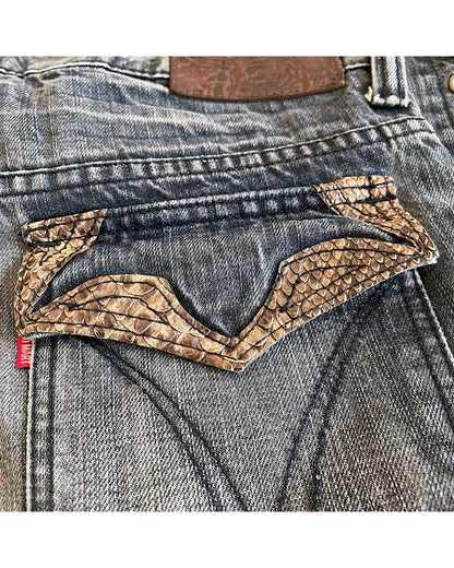 Tornado Mart Snakeskin Trim Side Lace-Up Panel Flare Denim Jeans