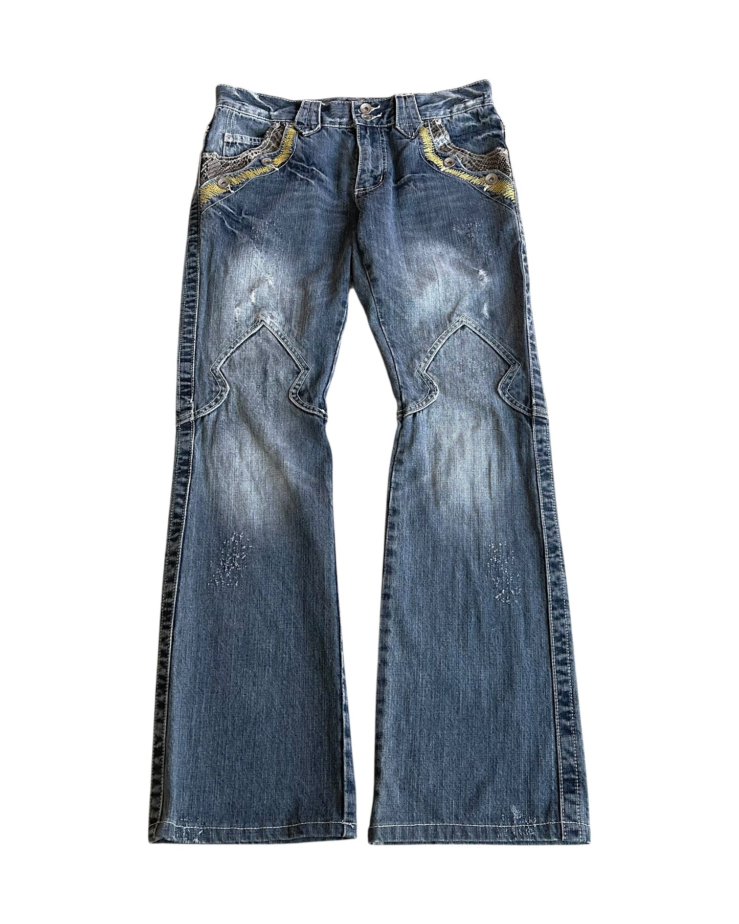 Semantic Design Python Pocket Sword Flare Distressed Denim Jeans