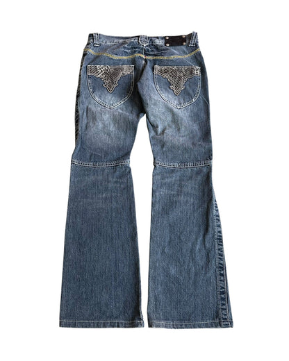 Semantic Design Python Pocket Sword Flare Distressed Denim Jeans