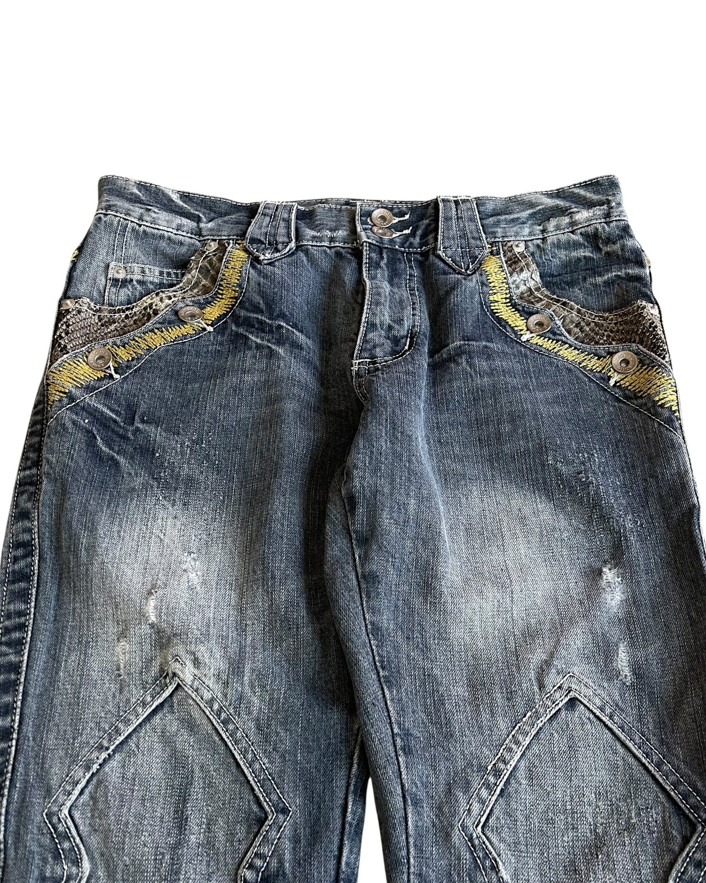 Semantic Design Python Pocket Sword Flare Distressed Denim Jeans