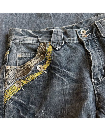 Semantic Design Python Pocket Sword Flare Distressed Denim Jeans