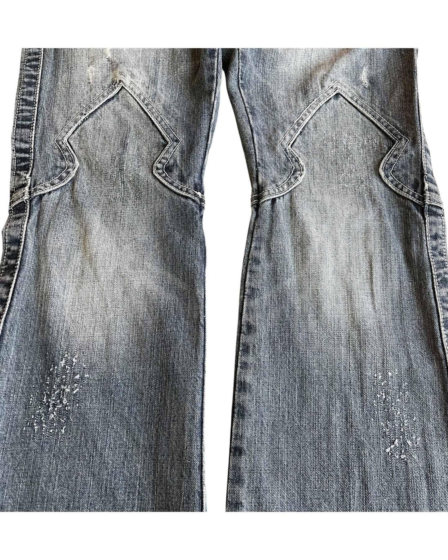 Semantic Design Python Pocket Sword Flare Distressed Denim Jeans