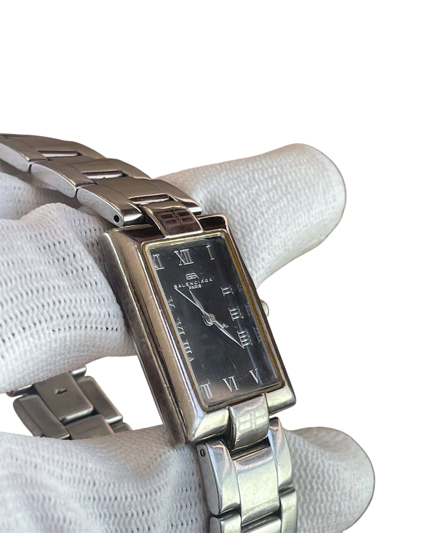 Balenciaga Vintage Roman Black Dial Rectangle Case Steel Quartz Watch
