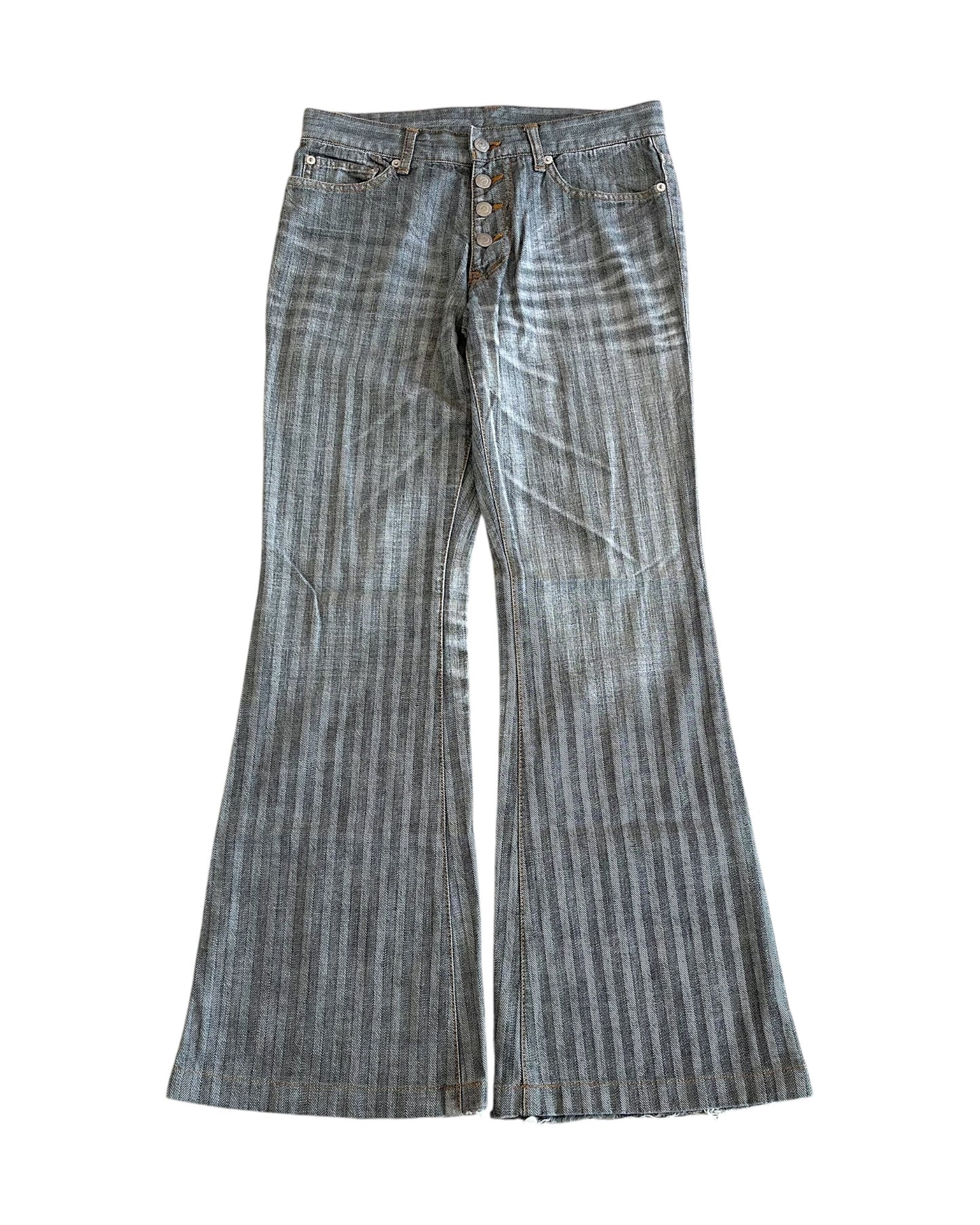 Tornado Mart Herringbone Stripe Pattern Washed Whisker Flare Denim Jeans