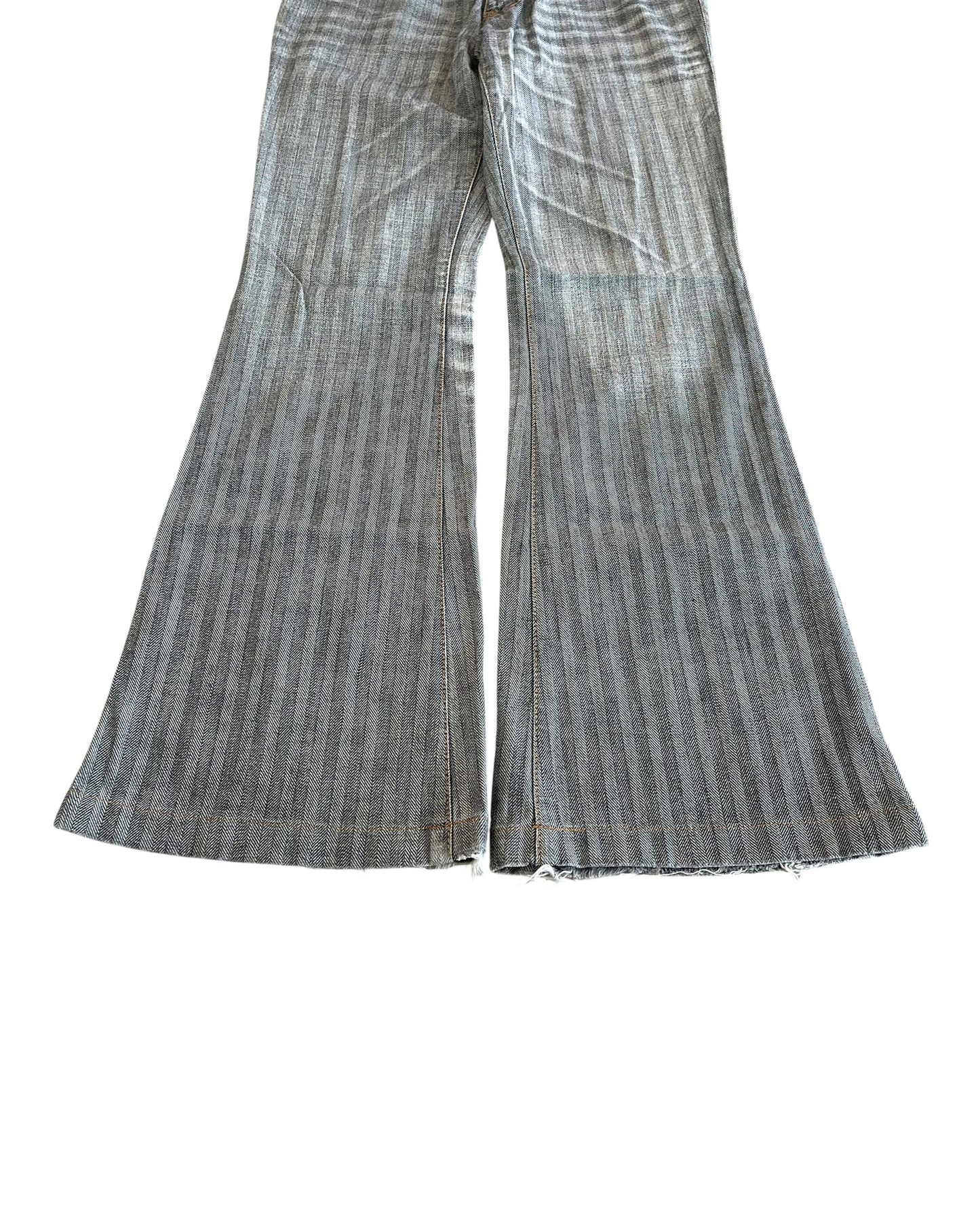 Tornado Mart Herringbone Stripe Pattern Washed Whisker Flare Denim Jeans