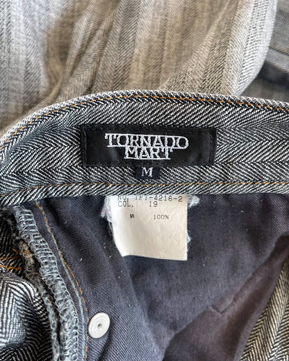 Tornado Mart Herringbone Stripe Pattern Washed Whisker Flare Denim Jeans